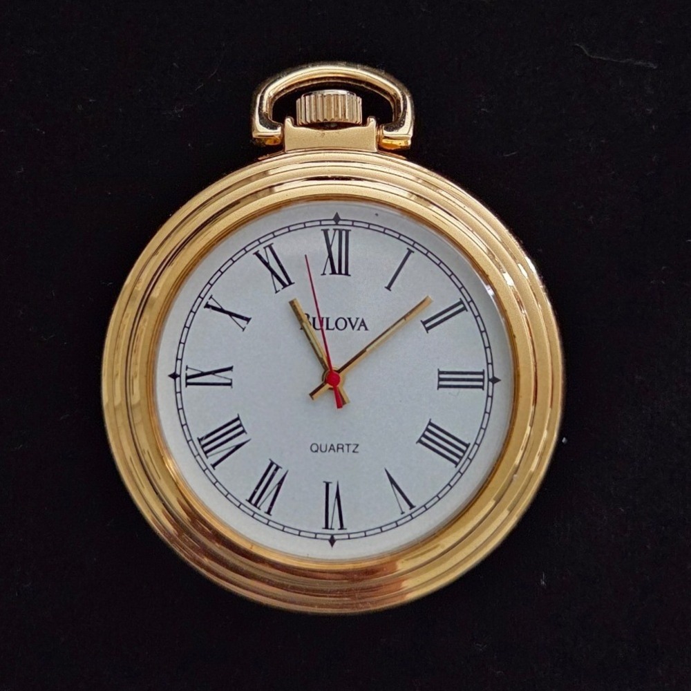 Bulova Ashton Y2K Gold Tone Quartz Pocket Watch White Roman Numeral Dial Classic